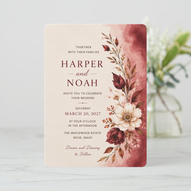 Plantilla de Invitación de Boda Floral de Lujo (Anverso de pie)