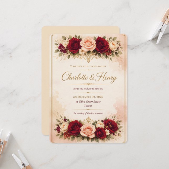 Plantilla de Invitación de Boda Floral de Lujo (Anverso/Reverso In Situ)
