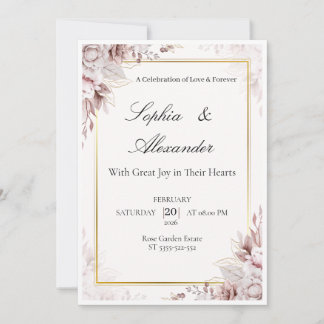 Plantilla de Invitación de Boda Floral de Oro Blan