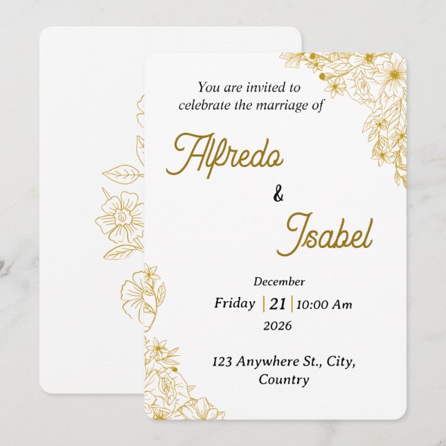 Plantilla de Invitación de Boda Floral Dorada Edit (Anverso / Reverso)