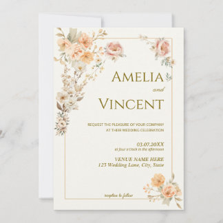 Plantilla de Invitación de Boda Floral Dorada Eleg
