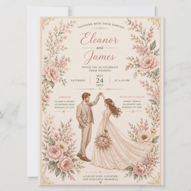 Plantilla de Invitación de Boda Floral Elegante (Anverso)