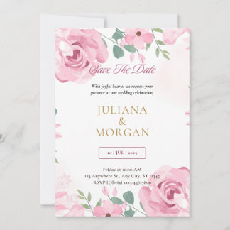 Plantilla de Invitación de Boda Floral Rosa y Dora