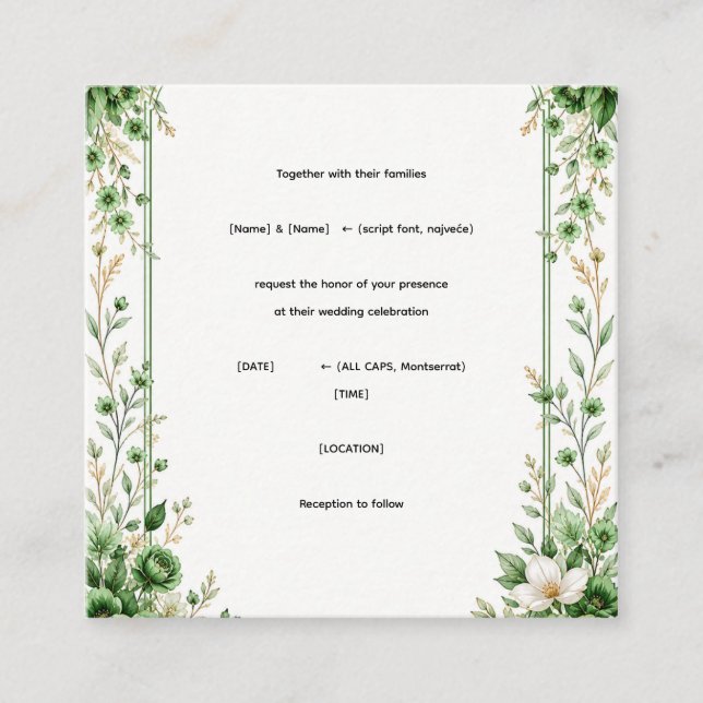 Plantilla de Invitación de Boda Floral Verde Elega (Anverso)