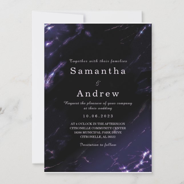 Plantilla de Invitación de Boda Morado y Negro (Anverso)