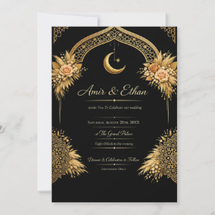 Plantilla de Invitación de Boda Negra y Dorada   L