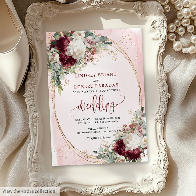 Plantilla de invitación de bodas con estilo para R (Burgundy Blush Stylish Wedding Invitation Template)