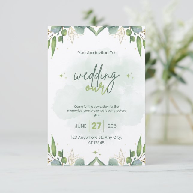 Plantilla de invitación de bodas verdes de sabios  (Anverso de pie)
