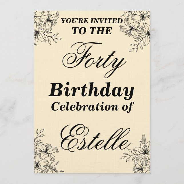 Plantilla de Invitación de Cumpleaños 40 Elegante  (Anverso)