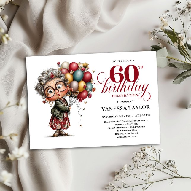 Plantilla de invitación de cumpleaños 60 divertida (Funny Old Woman 60th Birthday Invite Template)