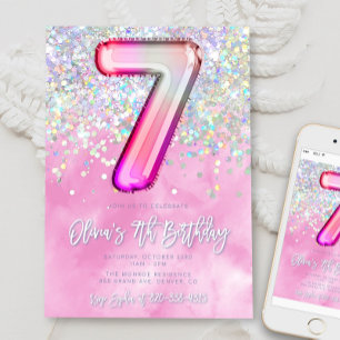 Plantilla de invitación de cumpleaños 7 rosa edita