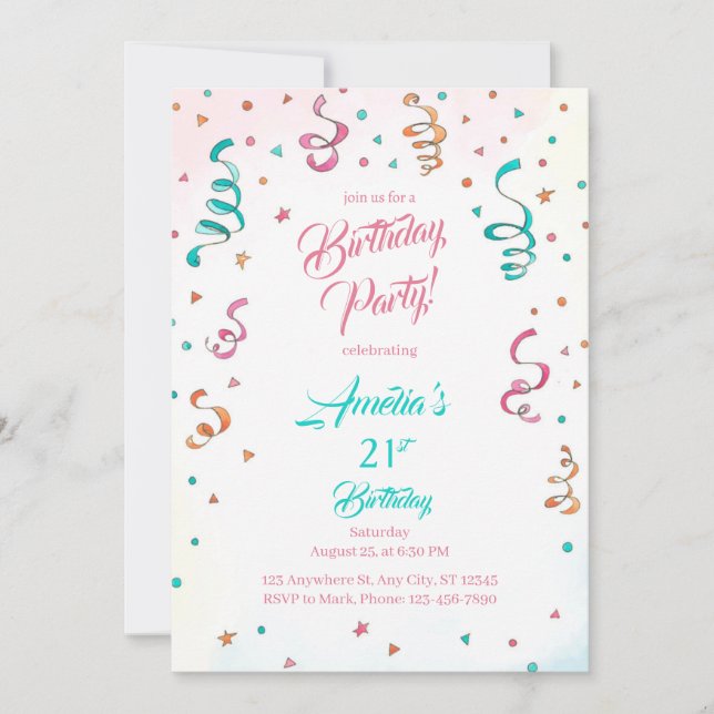 Plantilla de invitación de cumpleaños con confeti  (Anverso)
