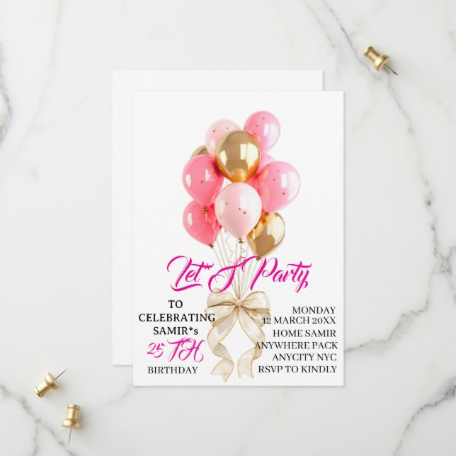 Plantilla de invitación de cumpleaños con globos r (Anverso/Reverso In Situ)