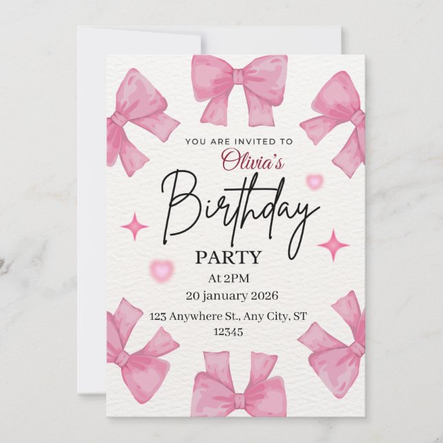 Plantilla de Invitación de Cumpleaños con Lazo Ros (Anverso)