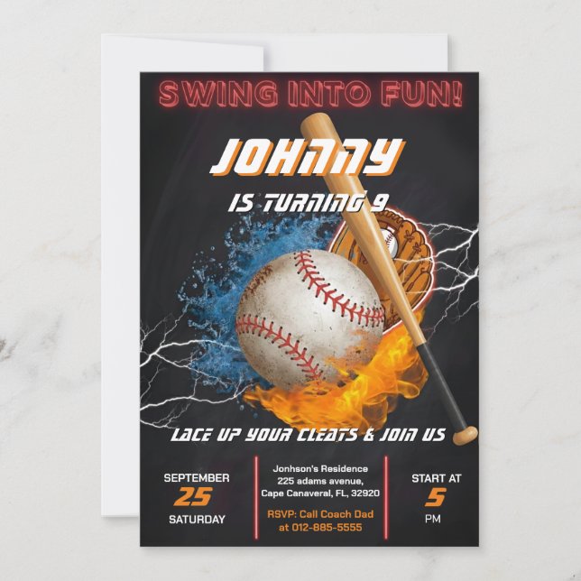 Plantilla de invitación de cumpleaños de béisbol e (Anverso)