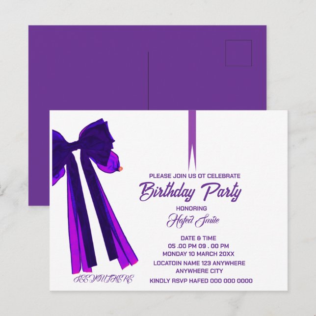 Plantilla de invitación de cumpleaños de Bow negro (Anverso / Reverso)