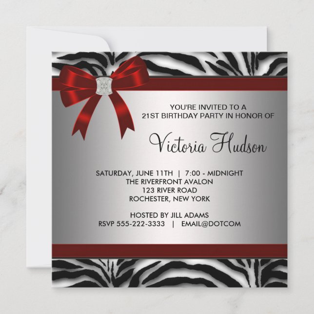 Plantilla de Invitación de Cumpleaños de Cebra Roj (Anverso)