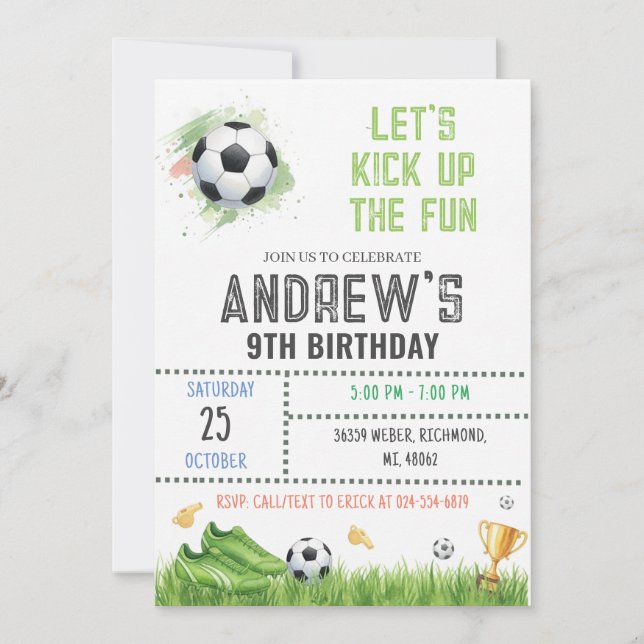 Plantilla de invitación de cumpleaños de fútbol pe (Anverso)