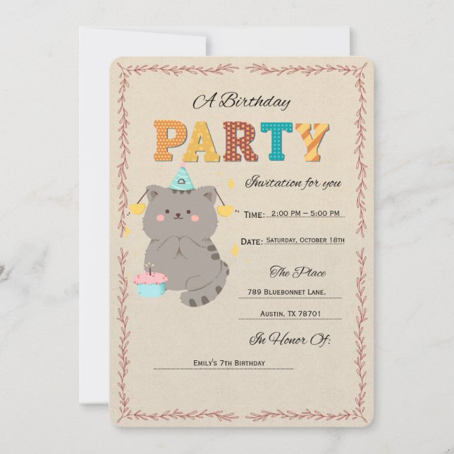 Plantilla de invitación de cumpleaños de gato ador (Anverso)