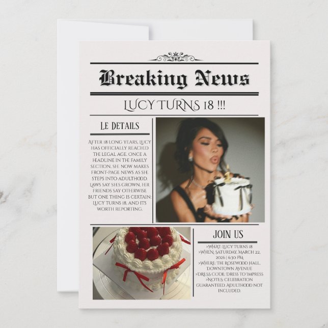 Plantilla de Invitación de Cumpleaños de Periódico (Anverso)