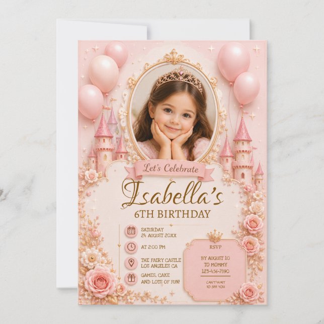 Plantilla de invitación de cumpleaños de princesa  (Anverso)