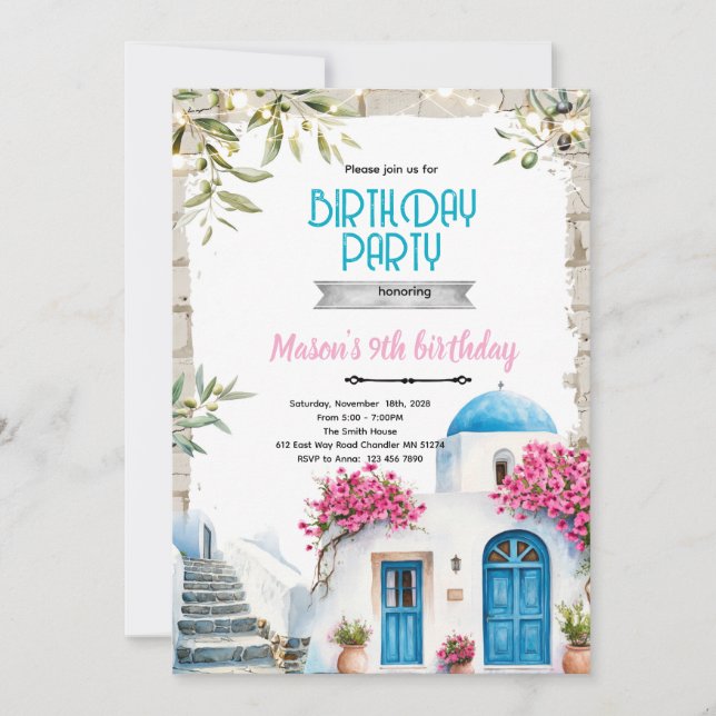 Plantilla de invitación de cumpleaños de Santorini (Anverso)