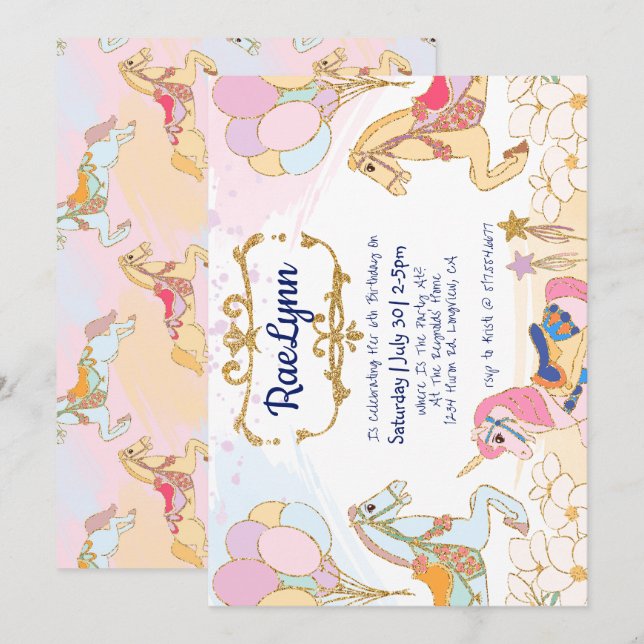 Plantilla de invitación de cumpleaños de tiovivo c (Anverso / Reverso)