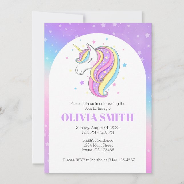 Plantilla de invitación de cumpleaños de unicornio (Anverso)