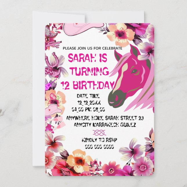 Plantilla de invitación de cumpleaños de vaquera e (Anverso)