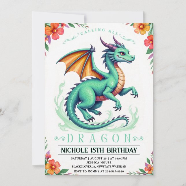 Plantilla de invitación de cumpleaños del dragón v (Anverso)