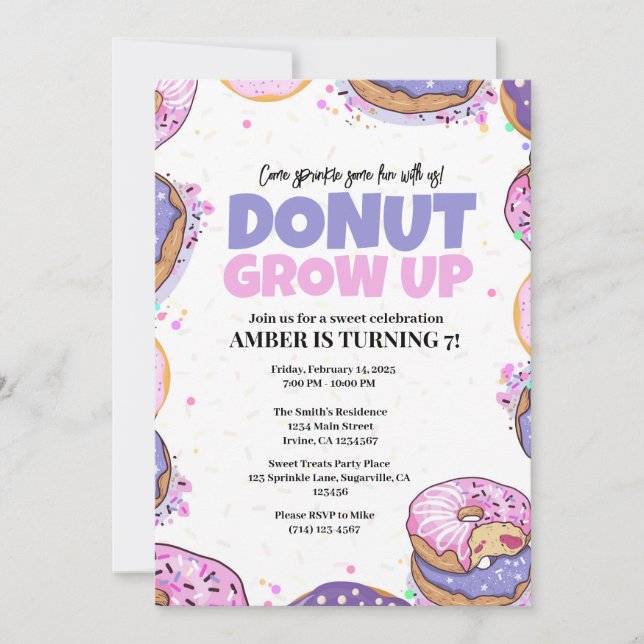 Plantilla de invitación de cumpleaños Donut Grow U (Anverso)