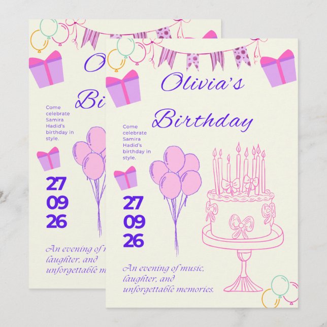 Plantilla de Invitación de Cumpleaños Elegante (Anverso / Reverso)