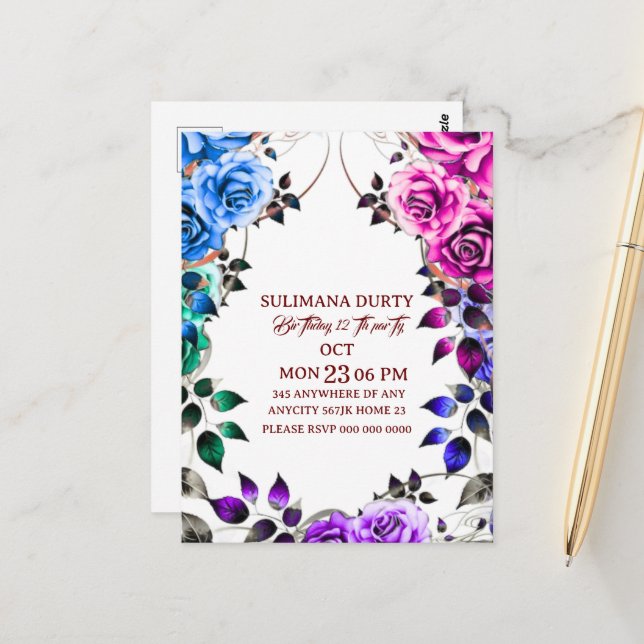 Plantilla de invitación de cumpleaños en rosa dora (Anverso/Reverso In Situ)