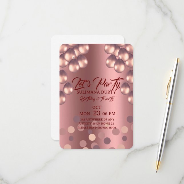 Plantilla de invitación de cumpleaños en rosa oro: (Anverso/Reverso In Situ)
