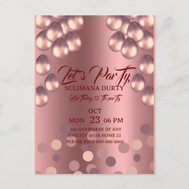 Plantilla de invitación de cumpleaños en rosa oro: (Anverso)