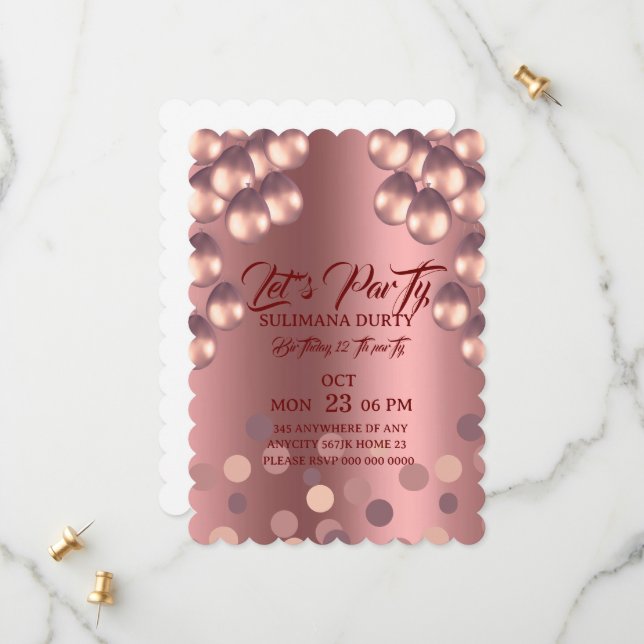 Plantilla de invitación de cumpleaños en rosa oro: (Anverso/Reverso In Situ)