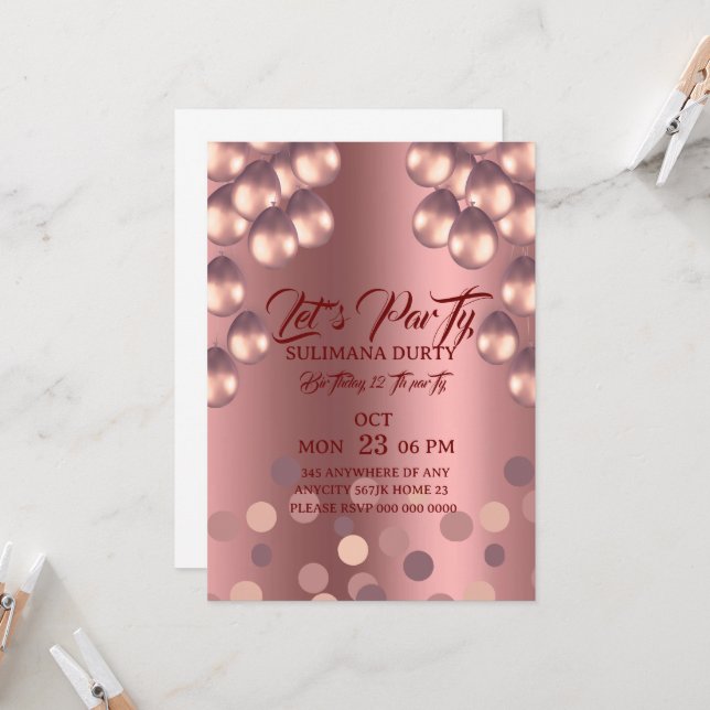 Plantilla de invitación de cumpleaños en rosa oro: (Anverso/Reverso In Situ)
