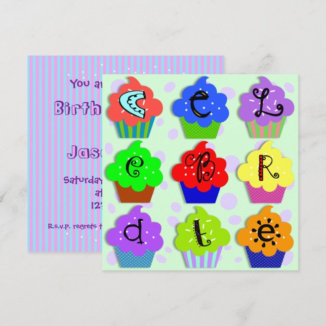 Plantilla de invitación de cumpleaños para Cupcake (Anverso / Reverso)