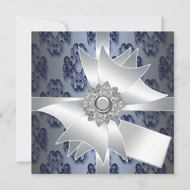 Plantilla de invitación de fiesta de damasco azul  (Anverso)