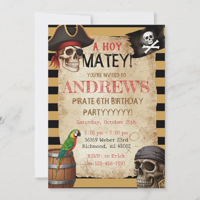 Plantilla de invitación de fiesta pirata editable (Anverso)