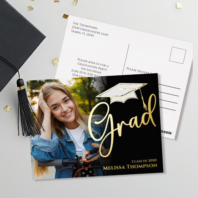 Plantilla de invitación de fotografía de graduació (Graduation invitaiton announcement postcard template with fold foil. )