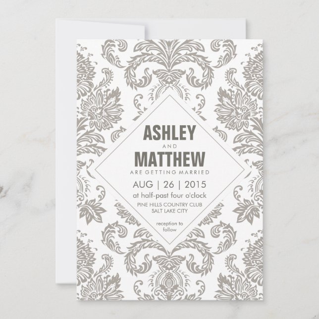 Plantilla de invitación de matrimonio de damasco d (Anverso)