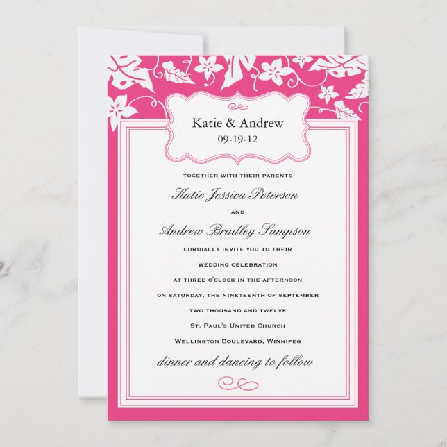 Plantilla de invitación de matrimonio rosado en ca (Anverso)