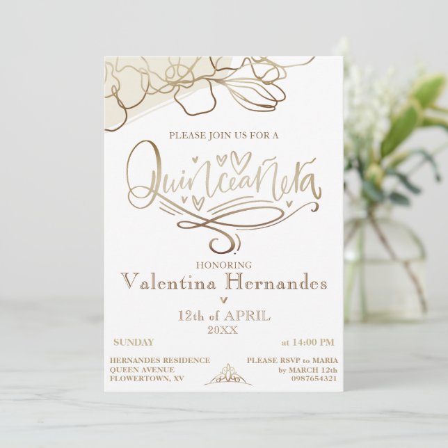 Plantilla de invitación de quinceañera de oro (Anverso de pie)