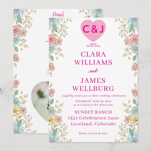 Plantilla de invitación floral pastel elegante (Anverso / Reverso)