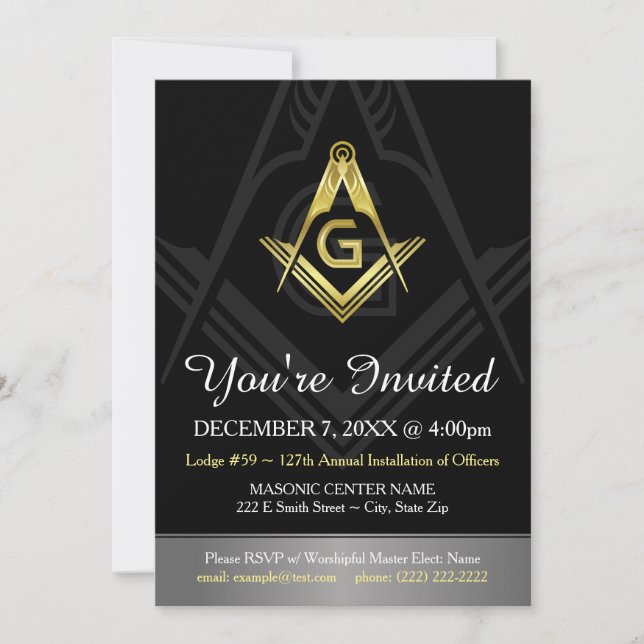 Plantilla de invitación masónica | Negro, oro y pl (Anverso)