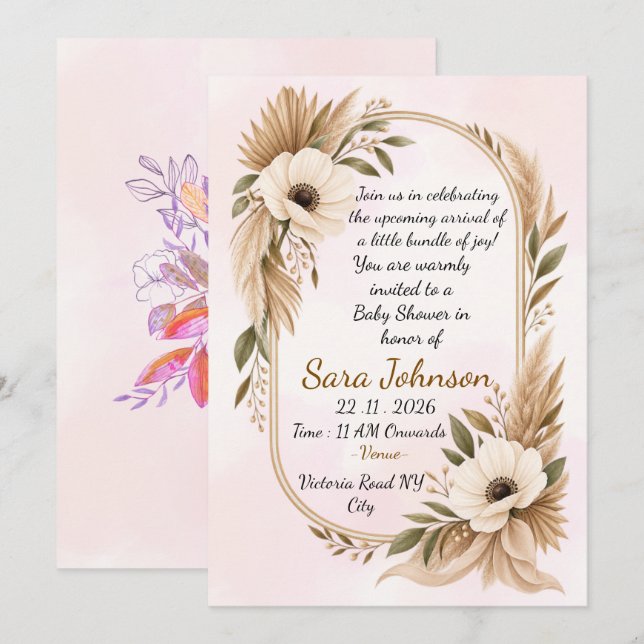 Plantilla de Invitación para Baby Shower Boho  (Anverso / Reverso)