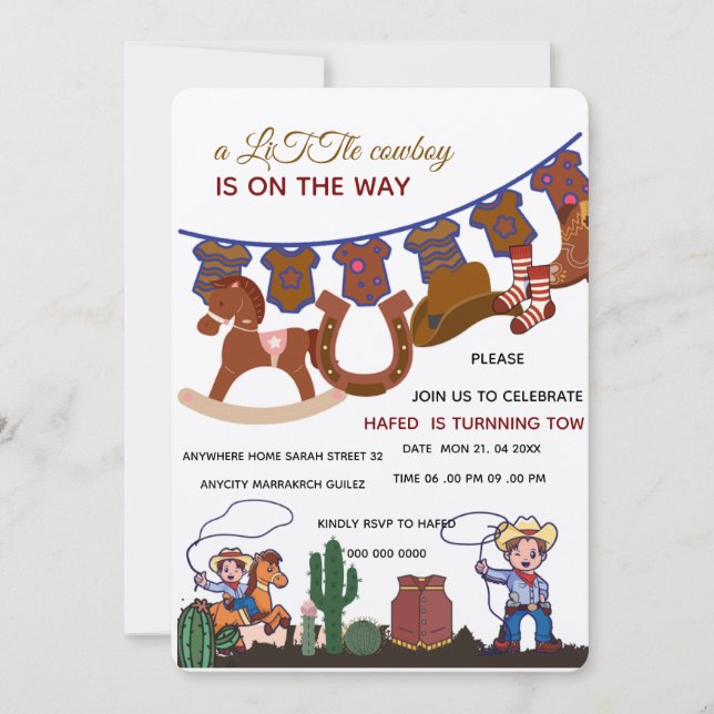 Plantilla de invitación para baby shower de vaquer (Anverso)