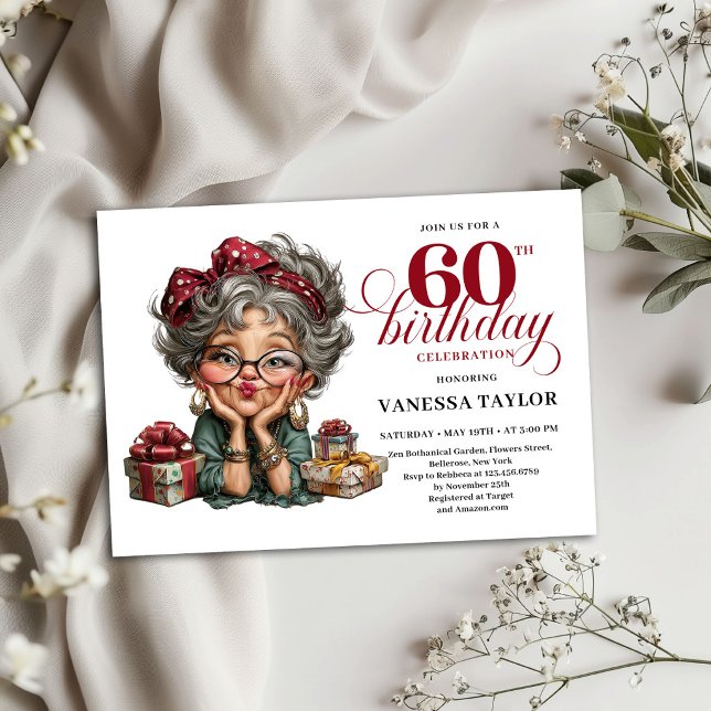 Plantilla de invitación para el 60 cumpleaños de u (Quirky Funny Lady 60th Birthday Invite Template)