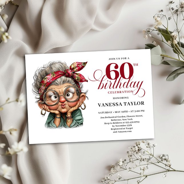 Plantilla de invitación para fiesta de cumpleaños  (Funny Old Lady 60th Birthday Party Invite Template)